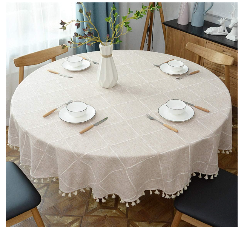 Round Tassel Plaid Tablecloth, Heavy Weight Cotton Linen Fabric Table Cover for Kitchen Dining Tabletop Decoration, Beige, 78" Round