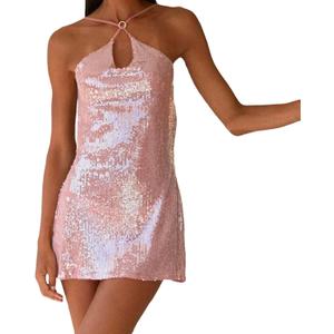Women Sequin Halter Bodycon Mini Dress Sexy Sleeveless Cut Out Glitter Dress Backless Party Night Out Clubwear (Small, Pink)