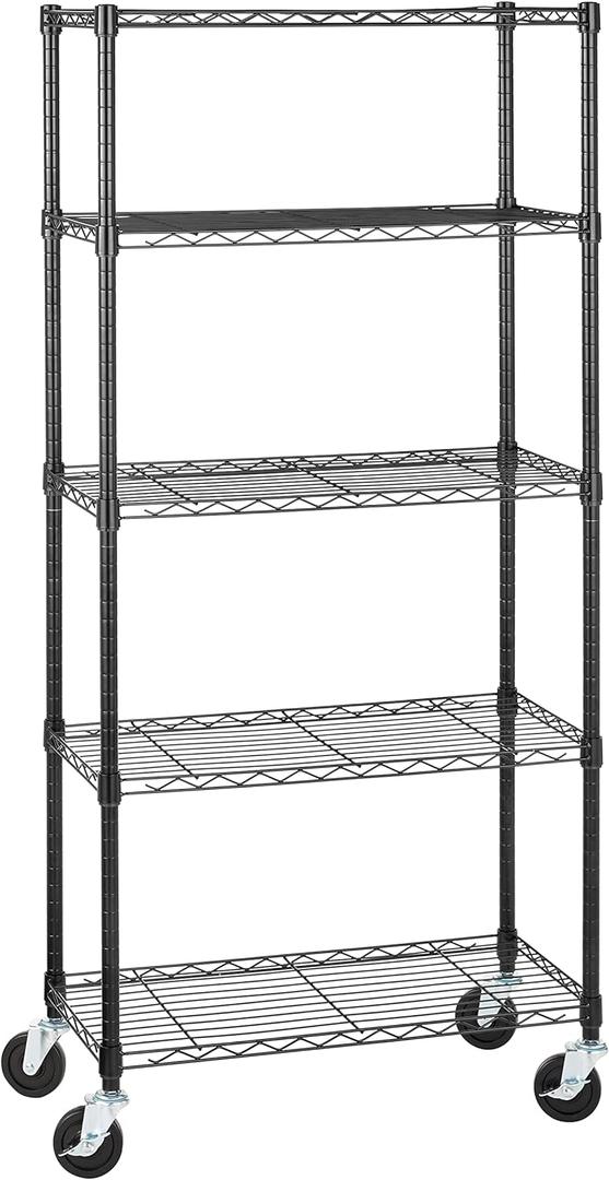 Amazon Basics 5-Shelf Heavy Duty Garage Shelving Storage Rack with 4" Wheel Casters, Adjustable Metal Wire Organizer, 300 lbs Per Shelf, 30" x 14" x 64.75", Black