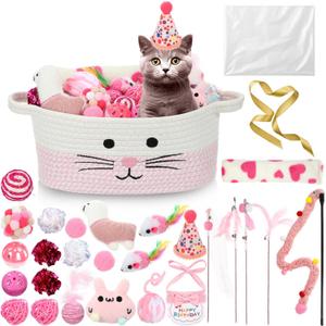 Zopeal Cat Toy Set Interactive Cat Toys Pack Including Feather Teaser Wand Plush Gift Outfit Mice Crinkle Balls and Pet Bell Balls, Puzzle for Indoor Cats Birthday Gift Basket for Kitten(Pink)