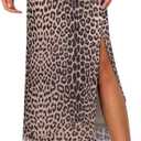 Avanova Women's Mesh Slit Split Long Skirts High Waisted Sexy Summer Maxi Skirts (Large, Khaki Leopard)
