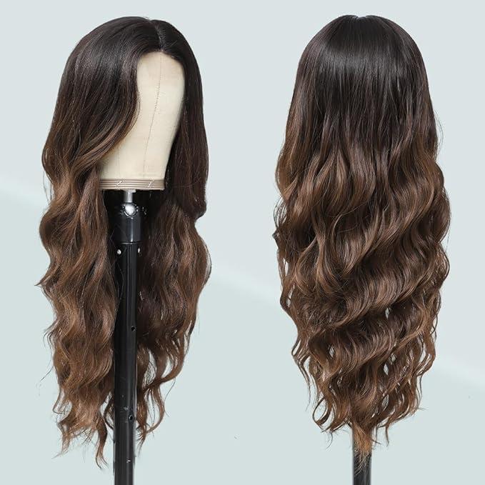 Long Brown Wigs for Women Ombre Brown Synthetic Hair Wig Natural Daily Hair Replacement Wigs Heat Resistant Fiber Hair Cosplay Party Wig(26in Ombre Brown)