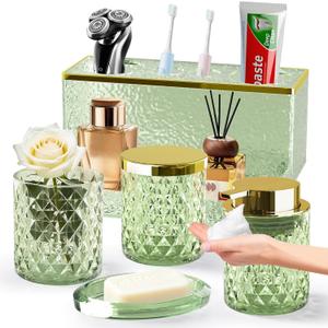 Glass Bathroom Accessories Set 5Pcs Crystal - Foaming Soap Dispenser, Soap Dish, Cup, Acrylic Toothbrush Holder with Tray Organizer, Qtip Jar, Bathroom Counter Set Sink Decor (Green)