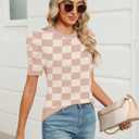 AKEWEI Puff Short Sleeve Sweater for Women Tops Trendy Spring Summer 2025 Business Casual Outfits Knit Crewneck Shirt Blouses (Large, Khaki Plaid)