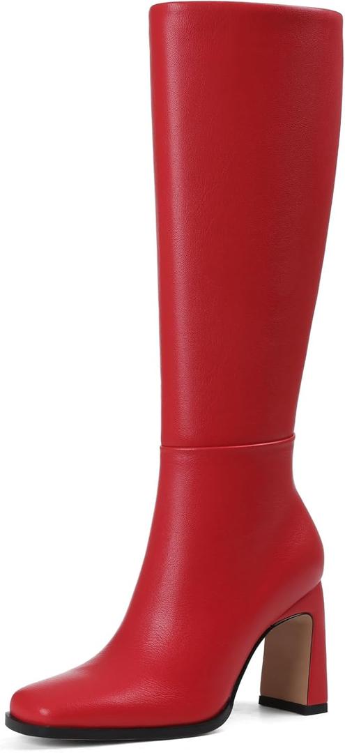 Knee High Boots for Women Square Toe Chunky Heel Leather Tall Fall Winter Fashion Dress Long Boots (8, Red)