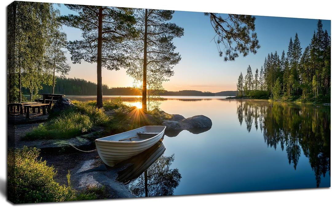 SSNEEKNDG Large Green Landscape Canvas Wall Art for Living Room Forest Lake Sunset Canvas Prints Nature Scenery Artwork for Bedroom Office Home Decor Ready to Hang 20x40 Inch