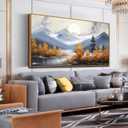 Landscape Framed Wall Art for Living Room, Mountain River Tree Canvas Print Painting for Bedroom, Gold and Gray Picture Artwork Decor, Large Size 59 x 29 Inches