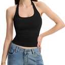 Halter Tank Tops for Women Double Lined Backless Going Out Tops Trendy Y2K Summer Shirt (Black)