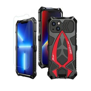 Armor Phone Case for iPhone 13 Military Grade Protective Heavy Duty Full Body Cover Aluminium Bumper Built-in Silicone Shockproof Dustproof - Black + Red