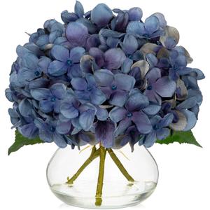 Hollyone Blue Hydrangea Fall Flowers Artificial for Decoration with Glass Vase Autumn Silk Faux Flower Arrangements with Fake Water Table Centerpiece Vase with Flowers Fall Decorations for Home