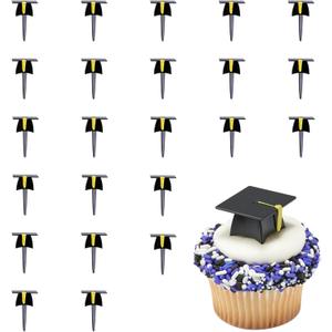 DecoPac Grad Hat Cupcake Toppers, 24 Graduation Cake Pics, Black Grad Hat DecoPics, Food Safe Cake Decorations - 24 Pack