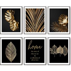 HoozGee Gold Leaf Art Prints Modern Black Gold Botanical Tropical Plant Leaves Art Wall Pictures Canvas Prints Gallery Wall Art Poster Wall Decor Bedroom Room Home Decor (11"x14" UNFRAMED)