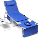 3-in-1 Sun Tanning Chair with Face Holes, Breathable Chaise Lounge Chair Outdoor, 5-Position Recliner, Lay Flat, Folding Side Table, Removable Pillow, Max 330lbs, Beach, Patio, Camping, Blue