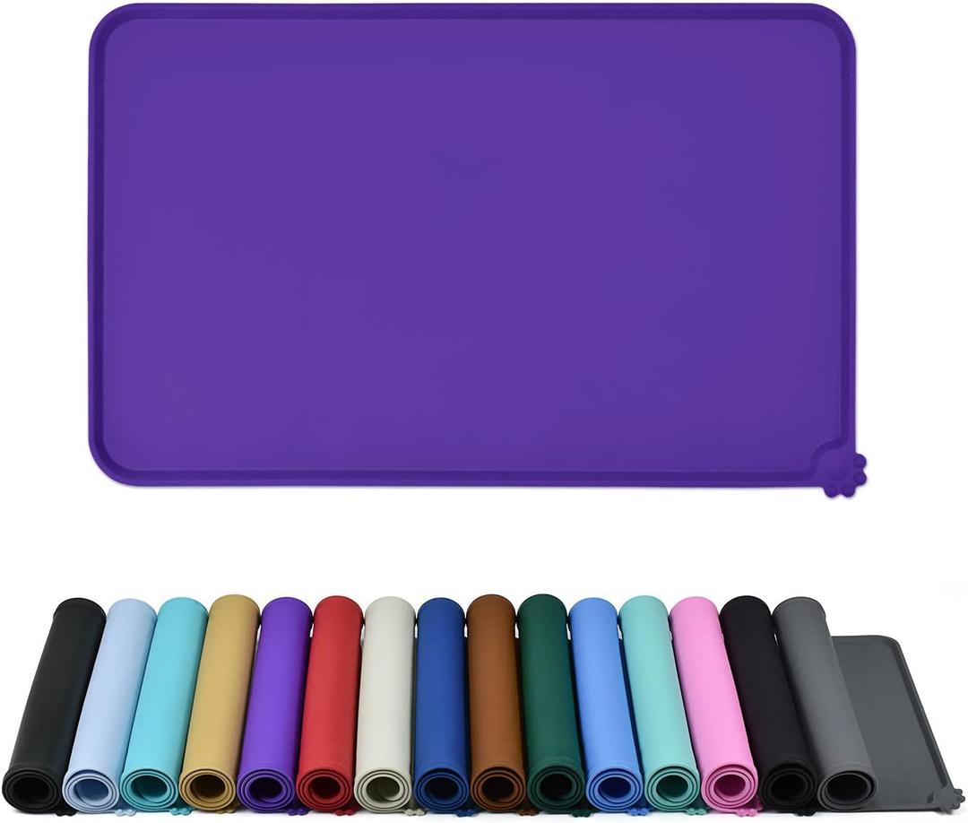 Waterproof Pet Feeding Mat with High Raised Edges, Heavier and Thicker Placemats for Cat Dog Water Bowl with BPA Free, Dogs Cats Food Mats for Messy Drinkers to Prevent Spill and Protect Floors (28" x 18", Purple)
