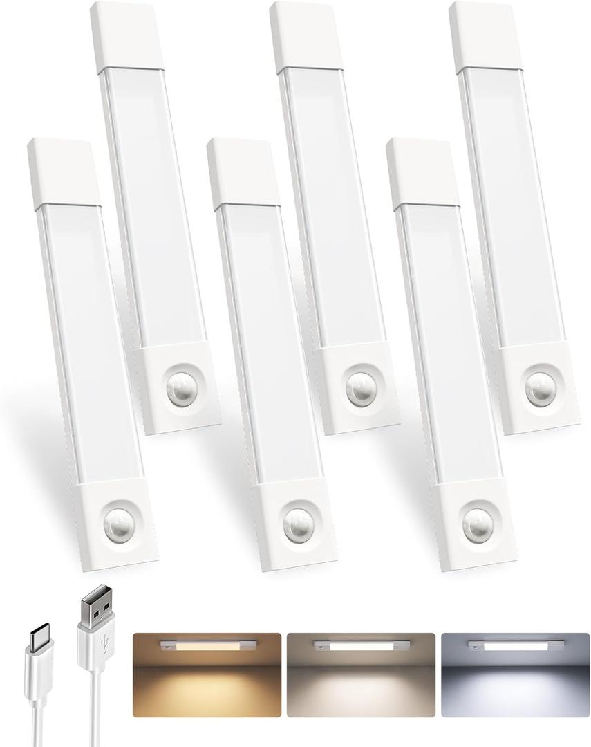 EZVALO 6-Pack Under Cabinet Lighting, 7.8" Wireless Closet Lights, 30 LED Rechargeable Motion Sensor Light, Dimmable, 3 Color Temperatures, Counter Lights for Kitchen, Pantry, Bedroom, Wardrobe (White)