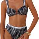 RoseSeek Women's 2 Piece Polka Dots Bikini Sets Color Block Trap Swimsuits Tie Back Tops and High Waisted Panties, Medium, Black and White