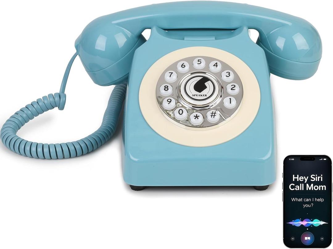 Bluetooth Vintage Phone with Voice Assistant,Bluetooth Retro Phone Compatible with Android & iOS, Physical Telephone with Volume Control, Blue
