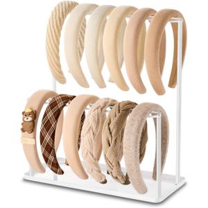 pickpiff Headband Holder Organizer Metal 2-Tier with Tray: Hair Accessories Display Stand Storage, Purse Charms Key Rings Rack Necklace Stand Home Bedroom for Girls Women, White