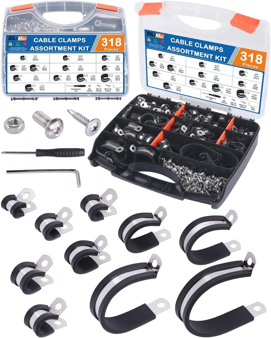 328PCS Cable Clamps Assortment Kit, 304 Stainless Steel Rubber Cushion Pipe Clamps, 9 Sizes 1/4" 5/16" 3/8" 1/2" 5/8" 3/4" 1" 1-1/4" 1-1/2" Wire Clamps with Screws, Screwdriver, Handheld Box
