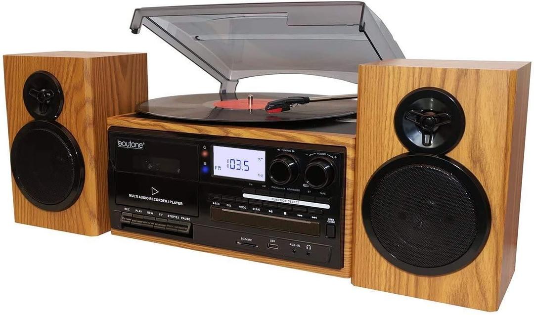 Boytone BT-28SPW Bluetooth Classic Record Player Turntable All-in-One with AM/FM Radio, CD/Cassette Player, 2 Separate Stereo Speakers, Record from Vinyl, Radio, and Cassette to MP3, SD slot, USB, AUX