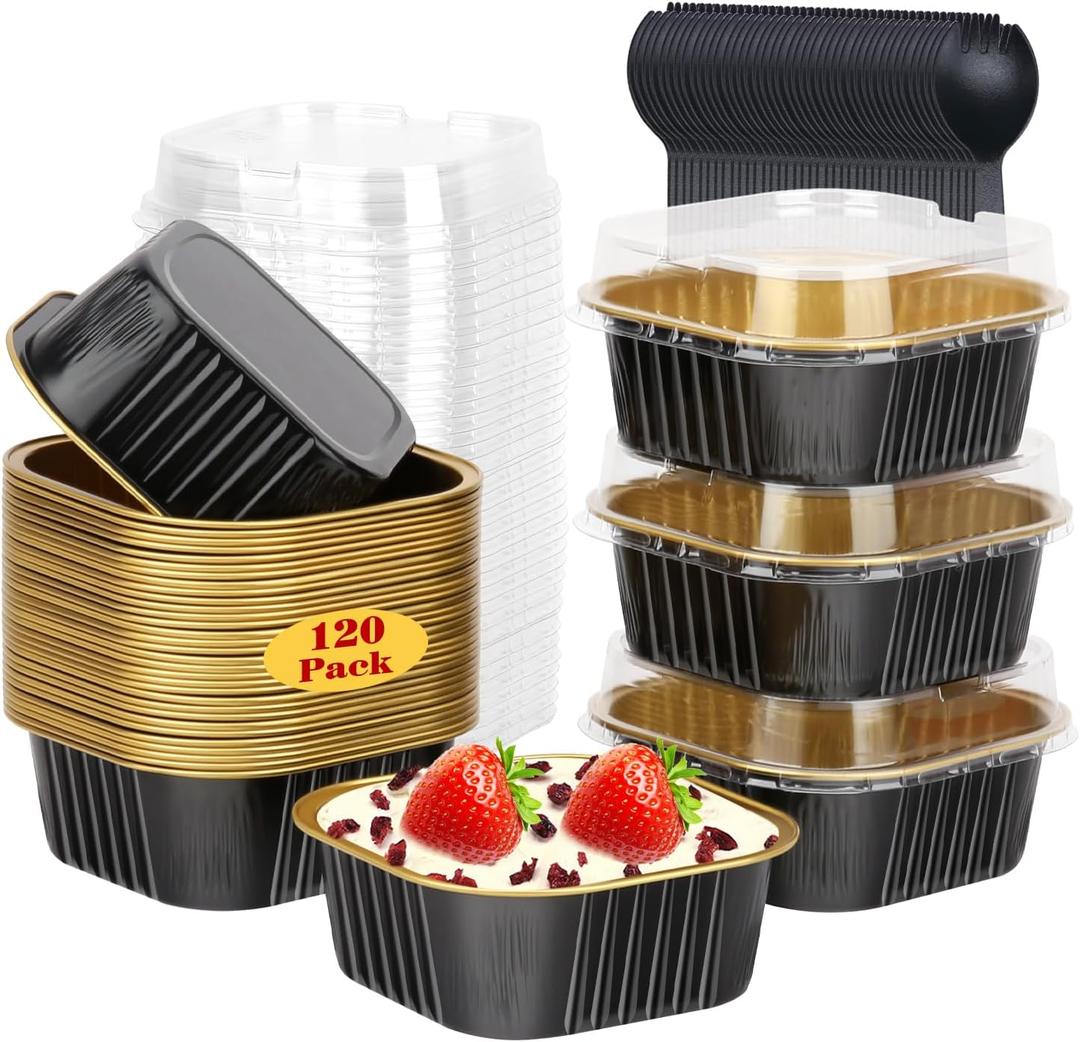120pack 5oz Mini Cake Pans with Lids,LNYZQUS Disposable Ramekins Muffin Tins Cupcake Baking Cups,Small Aluminum Foil Brownie Baking Pan Containers Mini Cheesecake Holders-Black