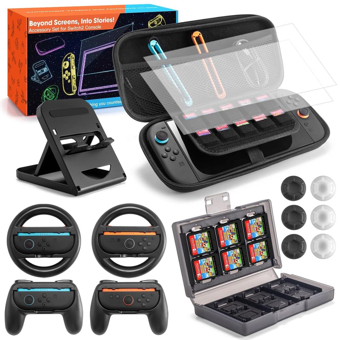 JoyHood 15 in 1 Accessories Kit Compatible with Switch2, Family Accessories Bundle for Switch2 with Storage Bag, Steering Wheel, Controller Grips, Screen Protector, Game Card Case