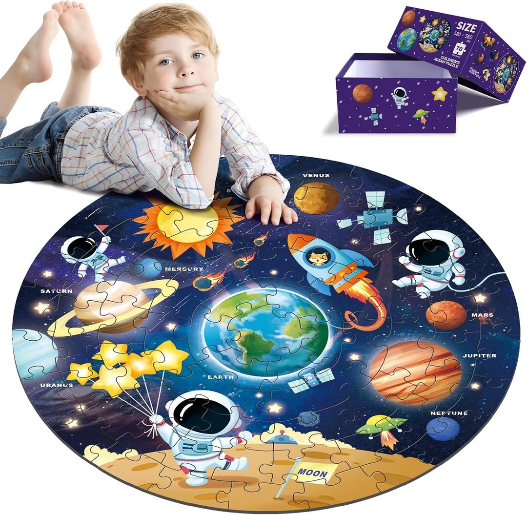 Round Jigsaw Puzzles,Floor Puzzle for Kids,Large 70 Piece Puzzle for Toddler Ages 3-5,Preschool Learning Educational Toy Christmas Birthday Gift for 4-8 Years Old Boy Girl (Solar)