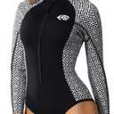 Wetsuit Women 3mm Neoprene, Shorty Wet Suit for Women Cold Water Swimming Long Sleeve Diving Suits with Front Zipper UV Protection for Swimming Diving Snorkeling (X-Small, Greek key)