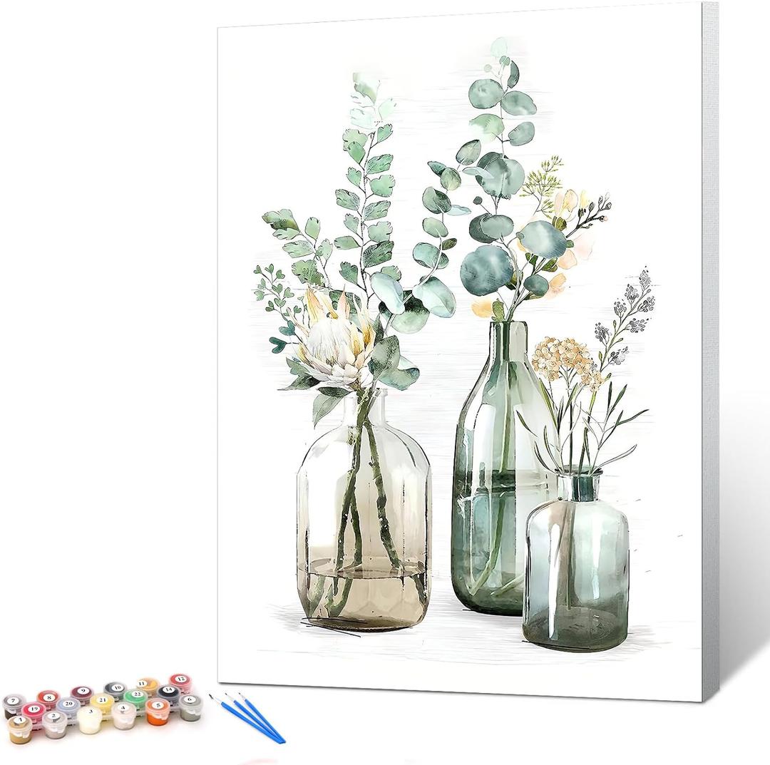 Ginkko Paint by Numbers Kit for Adults Beginner & Kids Ages 8-12 with Wooden Frame Easy Acrylic on Canvas 12x16 inch with Paints and Brushes, Bottle Flower (Include Framed)