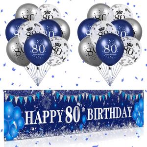 Blue 80th Birthday Decorations for Men Women, Navy Silver Happy Birthday Yard Banner, Balloons for Anniversary Party Supplies