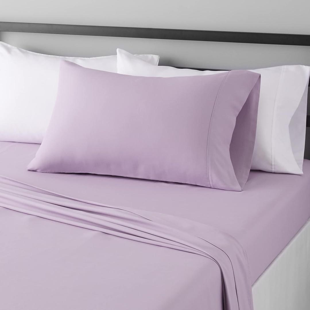 Amazon Basics Lightweight Super Soft Easy Care Wrinkle Free Microfiber 3 Piece Bed Sheet Set with 14-Inch Deep Pockets, Twin, Frosted Lavender, Solid, Kids, Men & Women Bedding, Frosted Lavender 