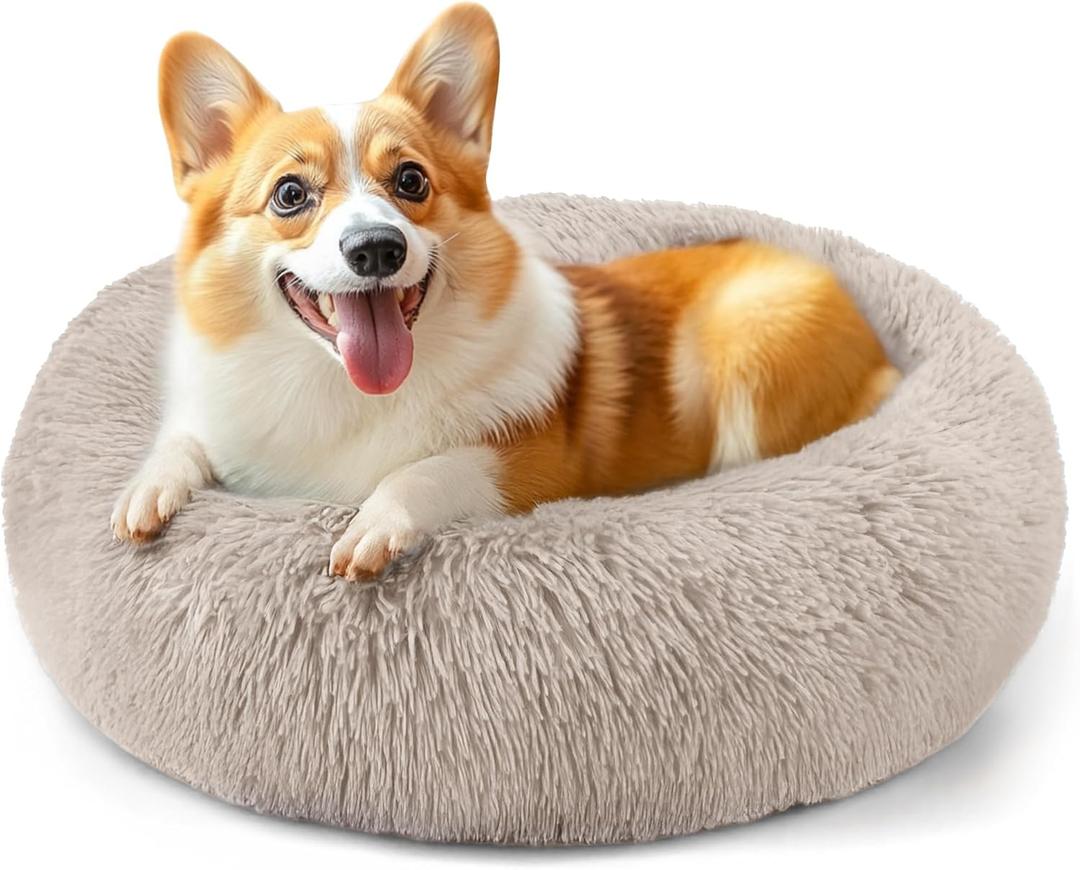28in Large Dog Bed, Medium Size Dog and Cats, Calming Donut Bed for Puppy and Kitten, Washable Round Fluffy Pet Bed (Brown)