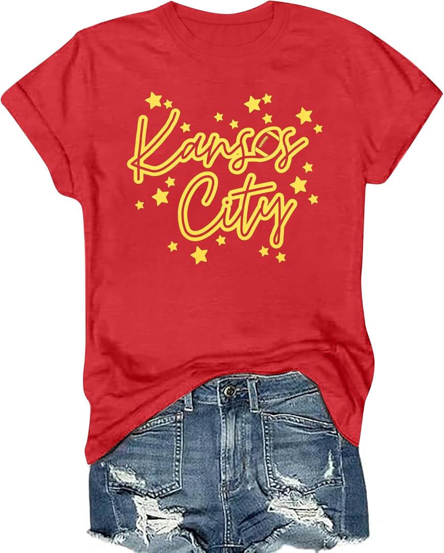 Game Day Shirt Women: Team Fan T-Shirt Cute Football Heart Graphic Tees Casual Season Short Sleeve Tops (Red, XL)