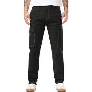Plaid&Plain Mens Cargo Pants Slim Fit with Contrasting Topstitching and Multi-Pocket (Black)
