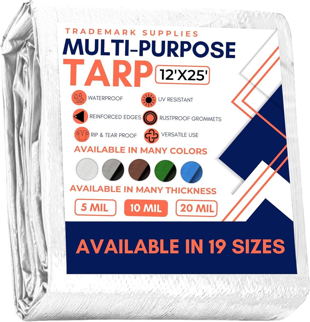 Large Waterproof Tarp - Heavy Duty 10 Mil Thick Poly Tarpaulin Ideal for Canopy Tents, Boats, RV or Pool Covers - Multipurpose Protective Tarps with Grommets for Indoor and Outdoor Use | 12' x 25'