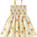 Disney Winnie the Pooh Girls Dress Yellow Floral Print Bow Tie Straps Smocked Sundress Birthday Park Casual Kids Summer Outfit Clothes Size 6-7