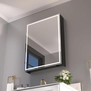 32x24 inch LED Lighted Medicine Cabinet with Mirror, Moisture-Resistant Wood, Stepless Dimmable, 3000K/5500K, Defogger, Adjustable Shelf, Flat-Pack Design  Assembly Required, Black (W24 X H32 Rectangle)