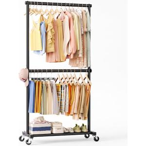Double Rod Clothes Rack, 35" Wide Hanging Rack for Clothes, Portable Clothing Racks for Hanging Clothes, Rolling Garment Racks with Wheels for Bedroom Closet, Black