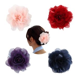 Cinaci 4 Pack Chiffon Big Rose Flower Bow Plastic Hair Claw Clips Barrettes Clamps Ponytail Holder Buns Chignon Holder Accessories for Women Girls (Pink, Wine Red, Purple and Navy)