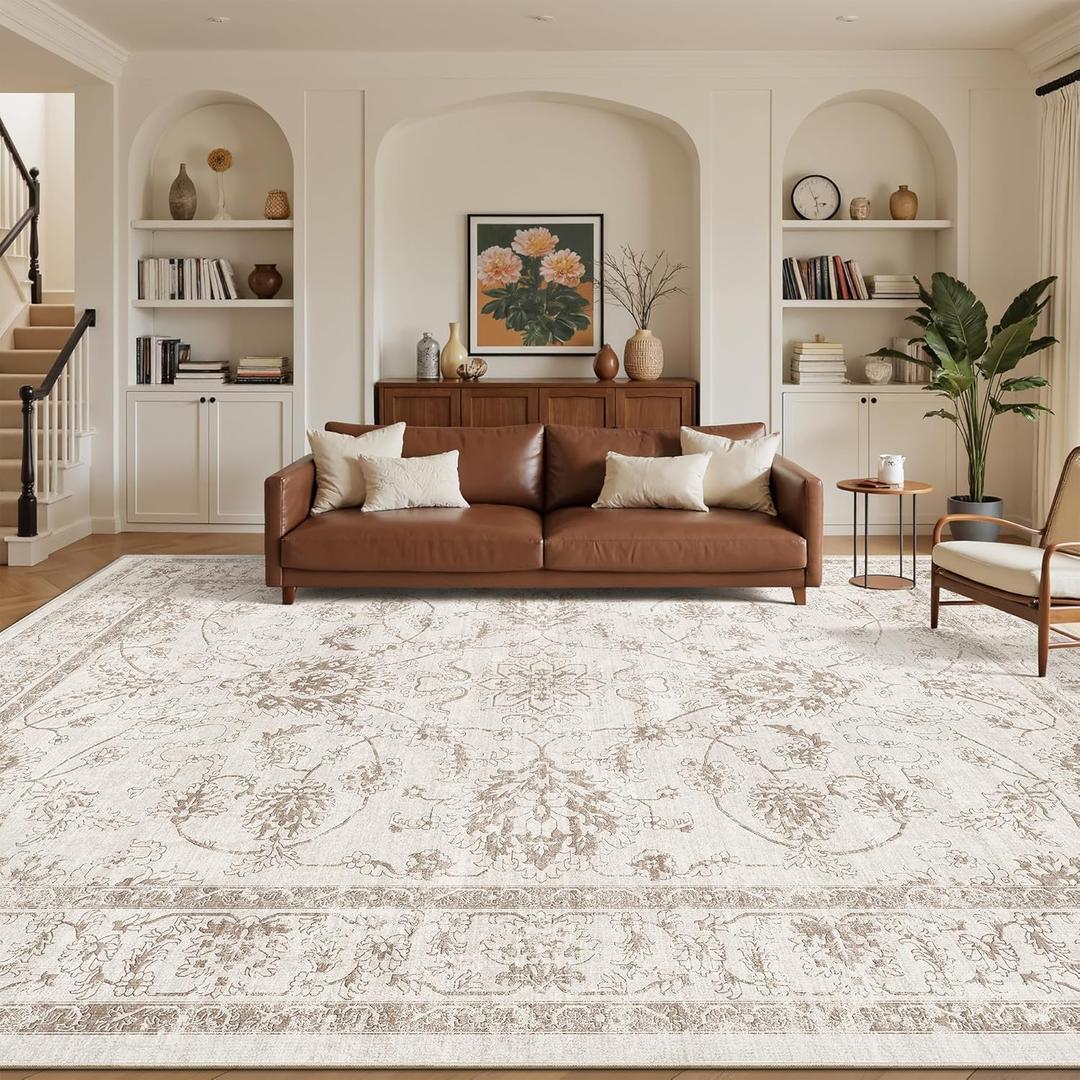 Madane 9x12 Area Rugs for Living Room, Machine Washable Rug with Non-Slip Backing, Soft Vintage Large Area Rug, Floral Print Floor Carpet for Bedroom Dining Room (9 x 12, Brown/Ivory)