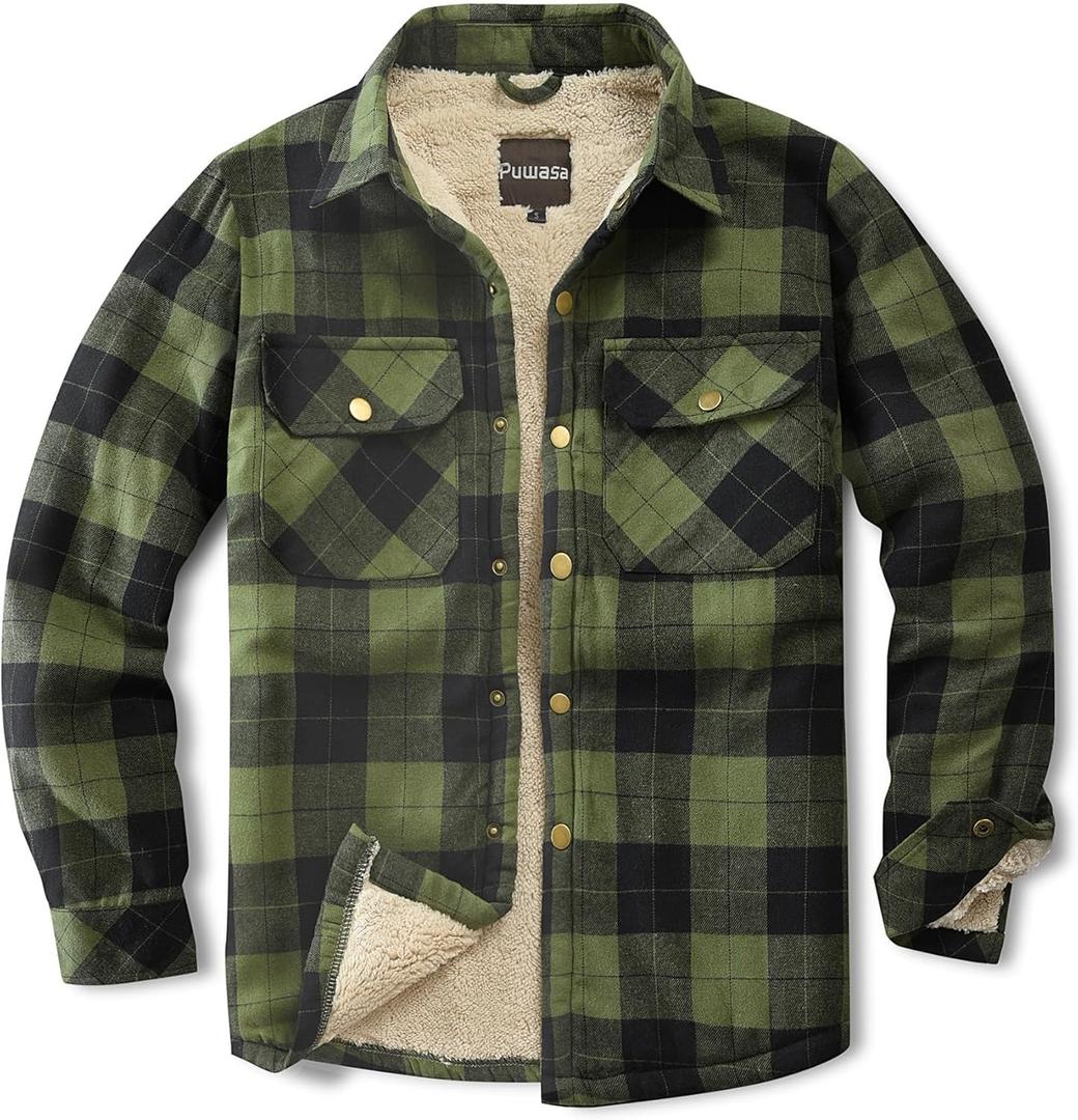 Men's Sherpa Lined Cotton Flannel Shirt Jacket Plaid Button Up Jacket Coat for Men with Pocket (Medium, Army Green)