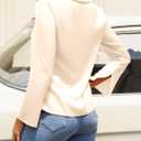 Womens Satin Blouses Going Out Tie Front Tops Sexy Deep V Neck Collared Long Sleeve Shirts (Small, Beige)