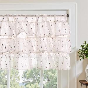 jinchan Ruffled Valance for Windows 18 Inch Mini Pom-Pom Voile Valance Curtains Pom-Pom Semi Sheer Shabbychic Samll Window Treatment for Kitchen Bedroom Living Room Rod Pocket 1 Panel Orange