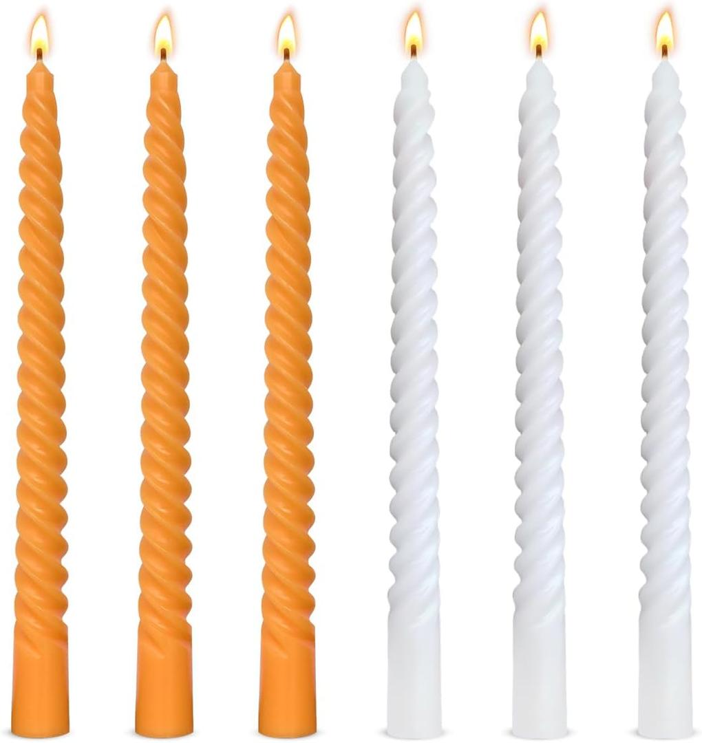 2 x 10 Inch 3 White and 3 Orange Spiral Taper Candle Set, Unscented Dripless Candlesticks for Fall Harvest Halloween Thanksginving, Holiday Dcor, and Festive Dinners