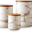 Tenforie Ceramic Canister Set with Bamboo Airtight Lids, 3-Piece Kitchen Storage Jars (48oz, 30oz, 12oz) – White with Gold Marble Pattern, Glossy Finish, for Coffee, Sugar, Flour & More
