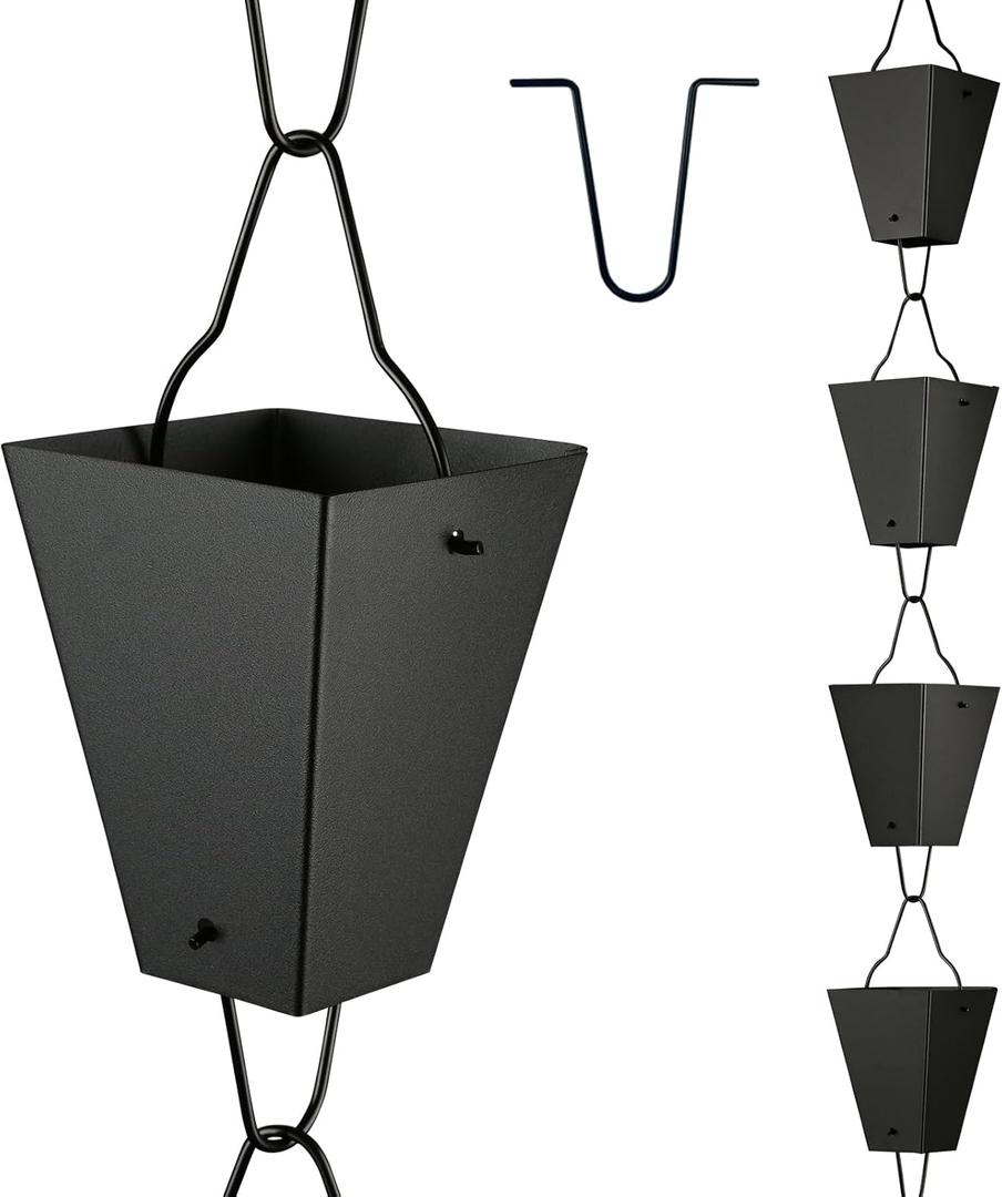 TE DEUM Square Link Rain Chain, 8.5 Feet Length, 3.7inch Big Size Cup, Black Powder Coated, Functional and Decorative Replacement for Gutter Downspouts, V Gutter Clip Included, Black 11 Pcs