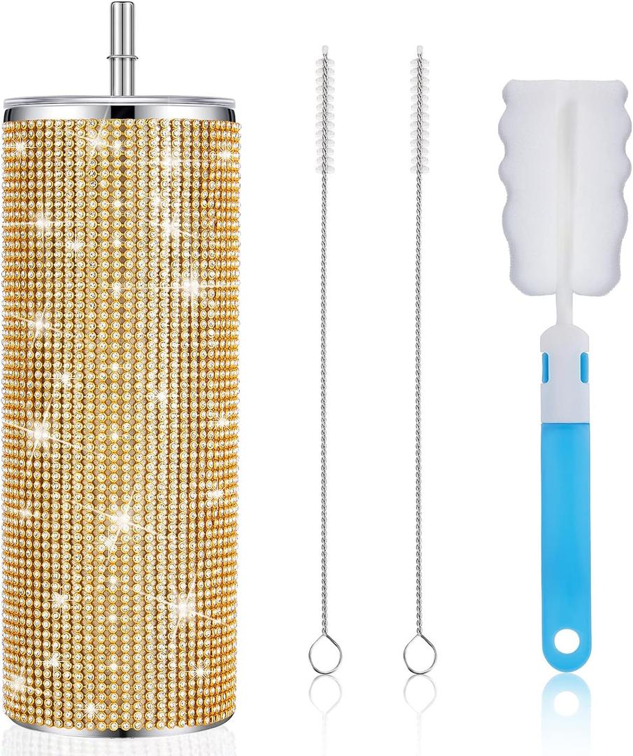 Tessco Bling Tumbler Cups Rhinestones with Straw Glitter Water Bottle Stainless Steel Straw Tumbler Insulated Bling Cup with Lid Brush for Teacher Graduation Season Gifts(20 oz,Gold)