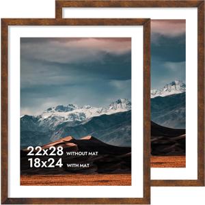 iRahmen 22x28 Poster Frame with 18x24 Mat - Plexiglass Wooden Picture Frames for Photo Wall Gallery Mounting (Dark Brown, Set of 2)