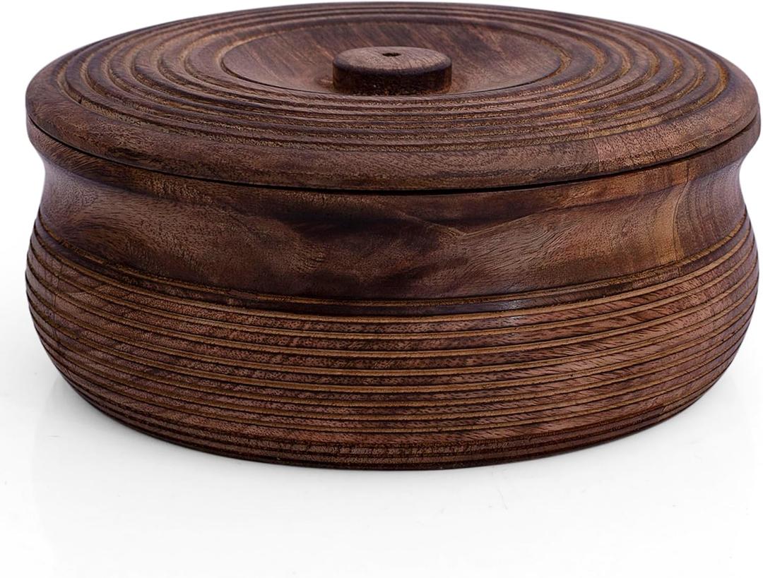 Handcrafted Wooden Mexican Tortilla Warmer Basket Indian Chapati Roti Bread Holder Box Pancake Keeper Serveware Hot Pot Casserole Dish With Lid Home Kitchen Dining Decor, Natural Brown, 9 x 3.5 Inches