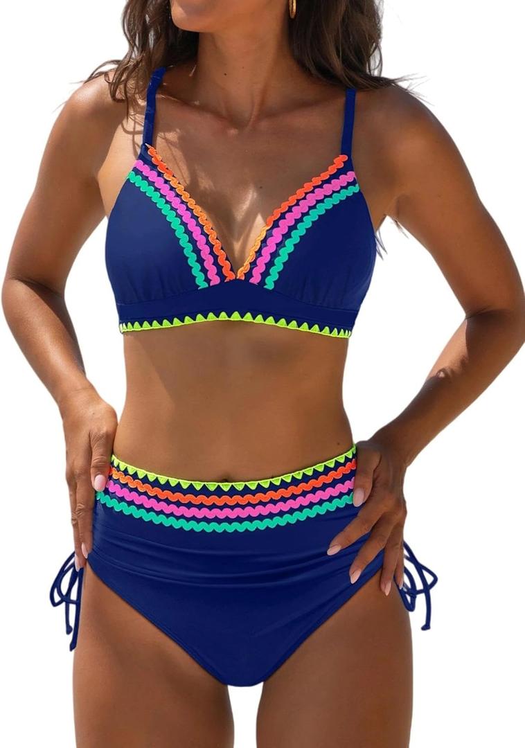 popvil High Waisted Bikini Sets for Women Tummy Control Swimsuits Two Piece Neon V Neck Drawstring Bathing Suits 2026 (X-Large)